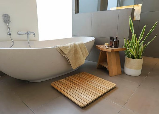 Nordic Style Premium Teak Shower and Bath Mat for Indoor and Outdoor Use - Non-Slip Wooden Platform for Spa, Sauna, Pool, Hot Tub - Flooring Decor and Protector (24" x 24", Natural Finish)