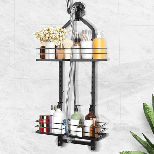 Shower Caddy Hanging for Handheld Showerheads Adjustable Height Extra Long Bathroom Storage Organizer Hanger Rack Rustproof Hose Shower Organizer 4 Levels Height Shower Rack（Black
