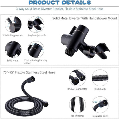 All Metal Shower Faucet Set, Dual Square Shower Head System with Handheld Wand, Diverter, Hose Complete Combo, Pressure Balance Rough-in Valve Included (Oil Rubbed Bronze）