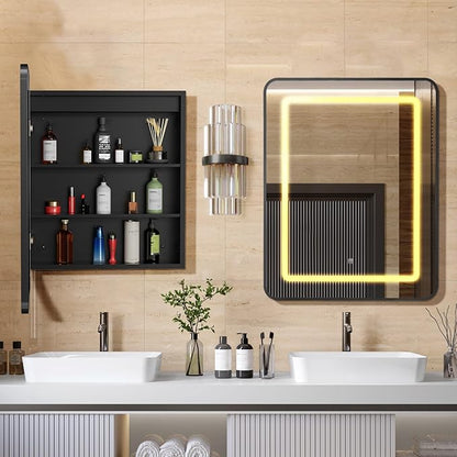 APRILSOUL 20X30 Inch Black Bathroom Medicine Cabinet with Mirror, Recessed or Surface Lighted Medicine Cabinet with 3 Colors Temperature, Dimmable Light