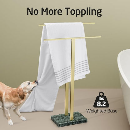 KES Standing Towel Rack with Green Natural Marble Base, 2-Tier Luxury Bath Towel Holder Stand for Bathroom Floor, Fits Bath Towel & Hand Towel, 18/8 Stainless Steel Brushed Gold, BTH217-GBZ