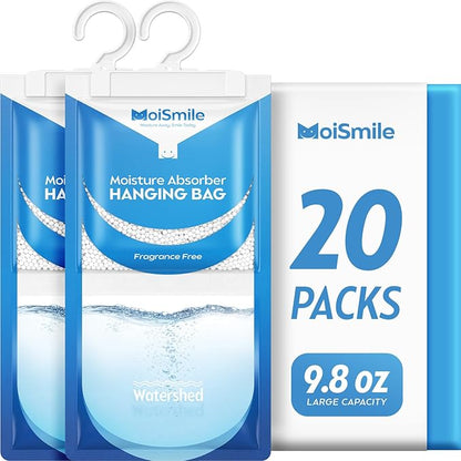 Moisture Absorbers 20 Pack Fragrance Free, Hanging Closet Dehumidifier Bags, Humidity Absorber, Compact Eliminates Odors Humidity Packs for Car, Bathroom, Bedroom, Basement, 9.8OZ