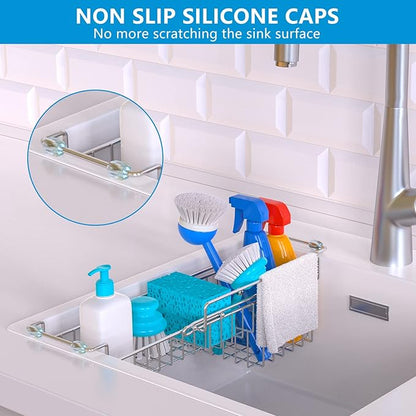 Over The Kitchen Sink Caddy Sponge Holder Organizer Drying Rack Expandable for Sponge Brush Soap Dish Cloth Rag Smaller 12.25" to 17.25", Stainless Steel