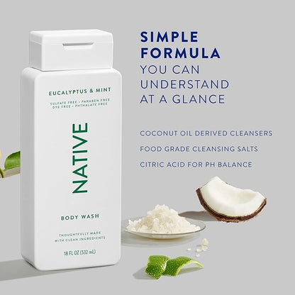 Native Body Wash Contains Naturally Derived Ingredients | For Women & Men, Sulfate, Paraben, & Dye Free Leaving Skin Soft and Hydrated | Eucalyptus & Mint 18 oz - 2 Pk