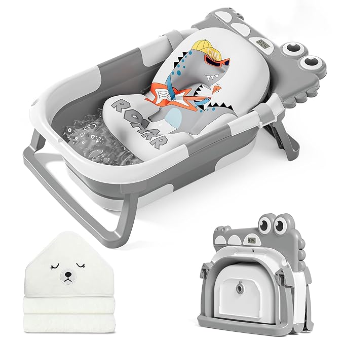 MoreFeel Collapsible Baby Bathtub for Newborn with Thermometer & 1 Hooded Towel & 1 Soft Floating Cushion,Portable Travel Bathtub with Drain Hole, Durable Foldable Baby Tubs for Infants to Toddler