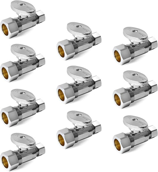 10-Pack EFIELD Straight Stop Valve 1/2" Nominal (5/8" OD) Compression x 3/8" OD, 1/4-Turn, Chrome Plated Brass,(VALVE122)