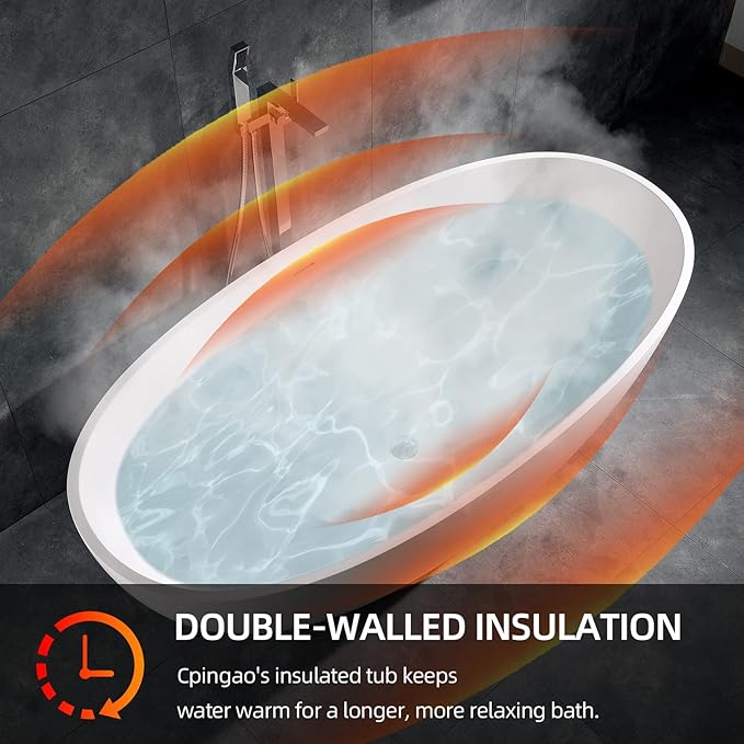 Cpingao 63" Freestanding Bathtub, Oval Shaped Resin Stone Freestanding Tubs, Solid Surface Matte White Soaking Tub with Overflow and Pop-up Drain 8801-1600