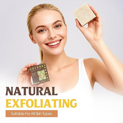 Coconut Shreds Soap Bar (Pack of 5) – Exfoliating & Moisturizing 2-in-1 Body Soap, Cold Process Handmade Bar with Coconut Milk & Oil, Gentle Daily Cleanser