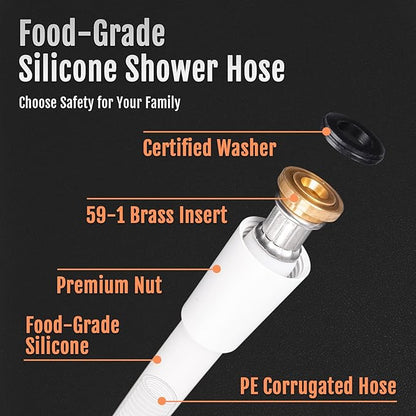Super Flexible Silicone Shower Head Hose Extension, Kink-Free Handheld, Rv Shower Hose Replacement with Premium Brass Material for Cleaning Pet, Bidet, 80 Inches, White