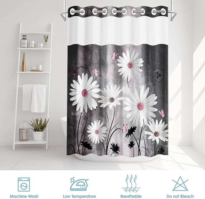 No Hook Pink White Daisy Butterfly Shower Curtain with Snap in Fabric Liner Set, Grey Farmhouse Double Layers Waterproof Fabric with See Through Top Window Open Grommet Bath Curtain 71x86 Inch