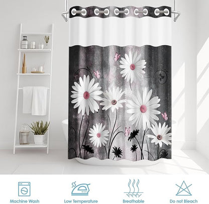 No Hook Pink White Daisy Butterfly Shower Curtain with Snap in Fabric Liner Set, Grey Farmhouse Double Layers Waterproof Fabric with See Through Top Window Open Grommet Bath Curtain 71x86 Inch