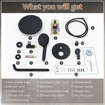 Iriber Mattle Black Round Rain Shower System Faucet Set，Filtered Shower Head with Handheld, Modern Bathroom 9 Spray Mode Showerhead with Filters,Shower Valve Trim Kit Contain Cartridge,10 Inch