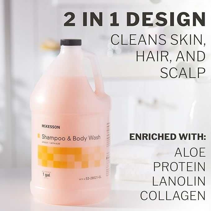 McKesson Body Wash and Shampoo [4 Count] - 1  Gallon Bulk Refill Full Body Wash with Aloe, Apricot Scent - Sensitive Skin & Hair 2‑in‑1