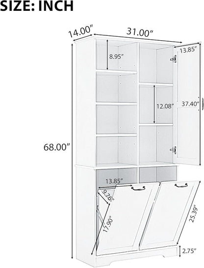 Favfurish 68" Tall Bathroom Storage Cabinet with Door and 2 Tilt-Out Laundry Hampers,Modern Linen Cabinets w/Open Shelf & Adjustable Shelves,Freestanding Organizer for Laundry Room,Kitchen,Black
