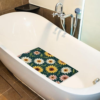 Bath Tub and Shower Mats, Non Slip Bathmat with Drain Holes and Suction Cups for Bathroom Floor, 15.1 x 26.8 Inch (Cute Pixel Daisies Floral Pattern)