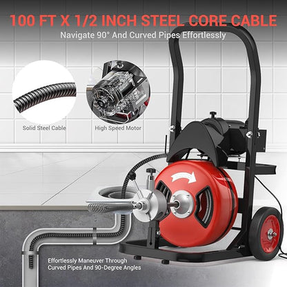 100Ft 1/2 Inch Cable Drain Cleaning Machine, 450W Auto Feed Portable Electric Sewer Snake, Electric Drain Auger with 4 Cutter Air-Activated Foot Switch for 2" to 4" Pipes