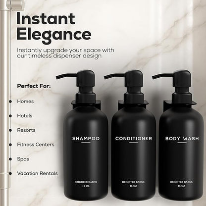 Black Shampoo and Conditioner Dispenser Set Wall Mounted by Brighter Barns - 3 Chamber No Drill Shampoo Bottles for Shower Wall - Refillable Plastic Shower Soap Dispenser for Airbnb, RV, Hotel (Black)