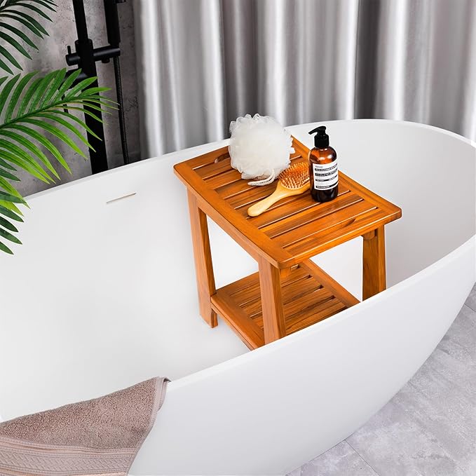 18" Standard Teak Shower Bench with Shelf & Handle - Waterproof, Non-Slip Bath Stool, 300 lbs Capacity - Fits Standard Tubs/Showers & Outdoor Use (Patented)