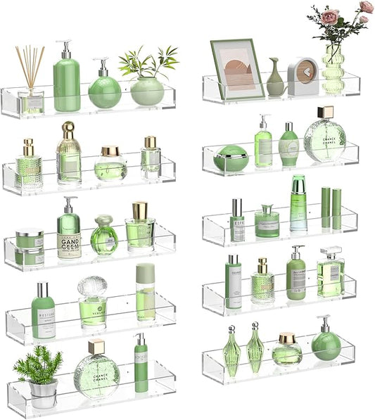 10PCS Acrylic Floating Shelves for Wall, 15" Clear Acrylic Shelves, Bathroom Shelf with Two Types of Installation, Space Saving Hanging Wall Shelf for Bathroom, Living Room, Bedroom, Kitchen