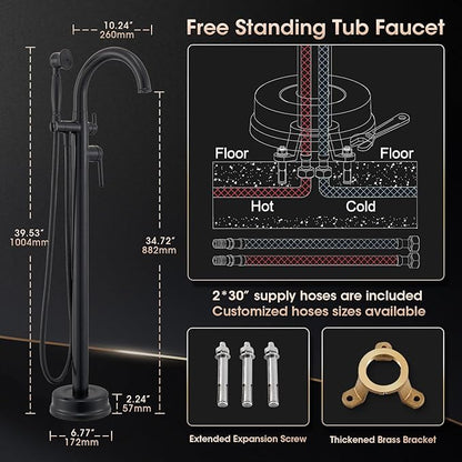 Freestanding Bathtub Faucet Matte Black Floor Mount Tub Faucets High Flow Max 6.6GPM/60PSI Vintage Hand Shower&Swivel Spout