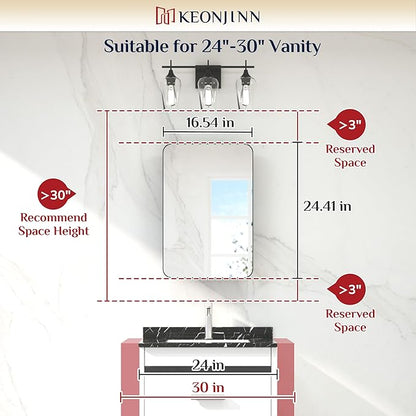 Keonjinn Black Medicine Cabinet 17 x 25 Inch, Heavy & Solid Bathroom Medicine Cabinet with Mirror, Stainless Steel Framed, Adjustable Shelves, Recessed or Wall Mount, Bathroom Mirror with Storage