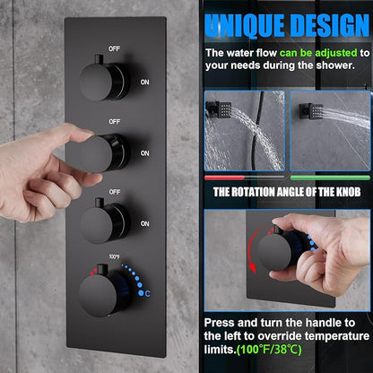 HOMEDEC 3 Way Thermostatic Shower Diverter Valve, Brass 3/4" Inlet and 1/2" Outlet, Multi-Function Diverter with Independent Controls, Black