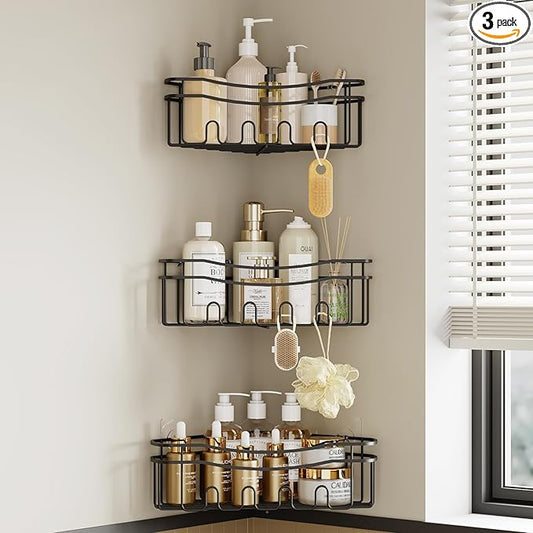 Black corner shower caddy with depth caddy and Built in 12 hooks rustproof wall mounted No drilling No marring adhesive bathtub corner storage for bathroom kitchen and laudry room