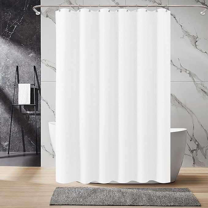Inhousolu Fabric Shower Curtain Waffle Weave, 230 GSM Heavy Duty, Weighted Hem, 14 Metal Hooks, Water Repellent, Machine Washable, Hotel Spa Luxury Bath Curtain Set, 72 x 78 Inch, White