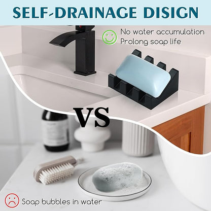 Silicone Soap Dish with Drain, Upgrade Double Suction Cups at The Bottom for Anti-Slip and Stability, Soap Dish Shower Waterfall Bar Soap Holder Tray with Drain Soap Holder (2, Black)