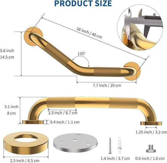 2 Pack 16 Inch Munzong Shower Grab Bars for Seniors, Gold Angled Anti Slip Grab Bars for Bathtubs and Showers Safety Hand Rail Support Handicap Elderly Injury Senior Assist Bath Handle