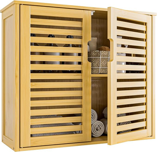 HITNET Bathroom Wall Cabinet, Medicine Cabinet Over The Toilet, Bamboo Hanging Storage Organizer with 2 Doors and Adjustable Shelf for Kitchen, Living Room, Natural