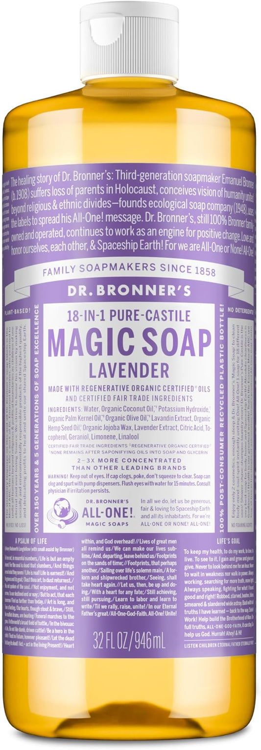 Dr. Bronner's - Pure-Castile Liquid Soap (Lavender, 32 ounce) - Made with Organic Oils, 18-in-1 Uses: Face, Body, Hair, Laundry, Pets and Dishes, Concentrated, Vegan, Non-GMO
