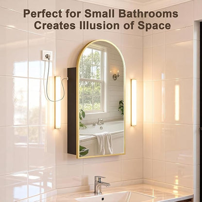 FKWin Bathroom Mirror with Storage and Power Outlet, Easy to Install Medicine Cabinet for Left or Right Opening, not Recessed, Ample Vanity Mirror with Storage for Homeowner, Gold, 20x34 inch