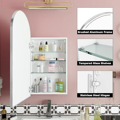 FKWin Arched Medicine Cabinets with Mirror, Bathroom Mirror with Storage, Aluminum Alloy Bathroom Cabinet, Modern Bathroom Wall Cabinet with 3 Adjustable Shelves, Not Recessed, 29.5"x15.7",Silver