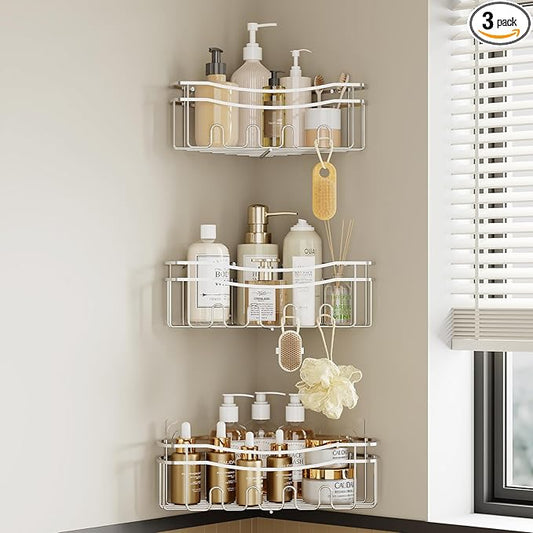 Chrome Shower Caddy Corner, 3-Pack Adhesive Shower Shelves for Inside Shower, Rustproof Bathroom Organizer Corner with Built-in Hooks, No Drilling Bathroom Storage for Bath Accessories