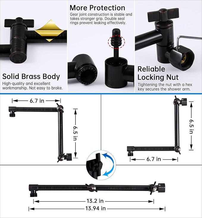G-Promise 13 Inch Shower Head Extension Arm, Solid Brass Height & Angle Adjustable Extender, Rise or Lower Rainfall and Fixed Shower Head (Oil Rubbed Bronze)