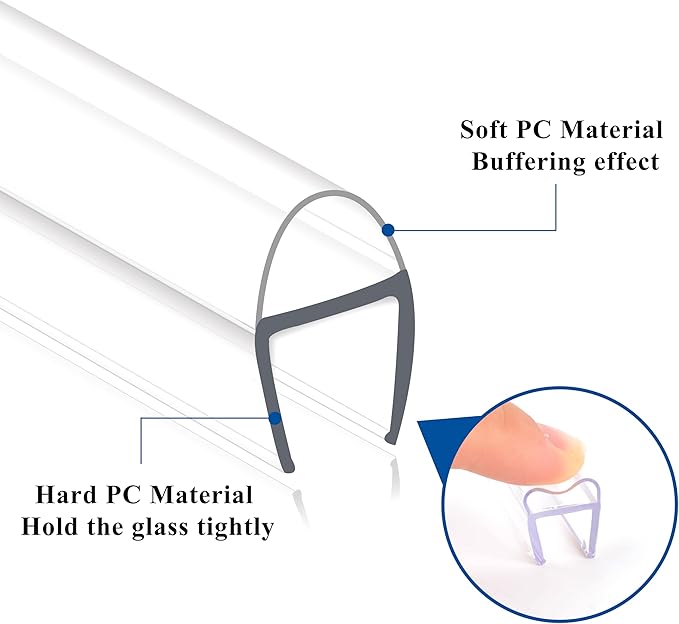 Frameless Shower Door Seal Strip 2 Pack x 39 Inch U for 3/8" Thick Glass Shower Door Side Seal Strip Bottom Seal Door Sweep Ultra Clear Polycarbonate, Stop Shower Leaks Create A Water Barrier