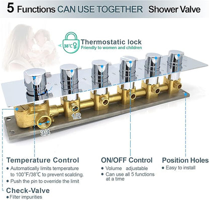 HOMEDEC 5 Functions Shower Diverter Valve, 5 Way Thermostatic Mixing Shower Rough-In Valve and Trim Kit, Thermostatic Shower Control Water Outlet, Chrome