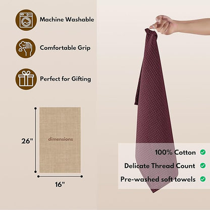 Native Fab Cotton Kitchen Towel with Hanging Loop 16x26 inches, 4-Pack, Waffle Weave Kitchen Towels for Cleaning Drying, Washcloths Soft & Absorbent Cloth Rags, Bar Towel, Dish Cloth, Burgundy Wine