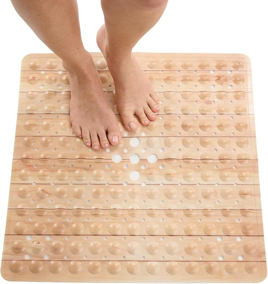 ENKOSI Square Shower Mat 21x21 inch - Anti Slip Bathroom Shower Floor Stall Mat - Non Slip Wood Design Shower Mats with Strong Secure Suction Cups and Drain Holes in Middle (21x21 Wood Teak)