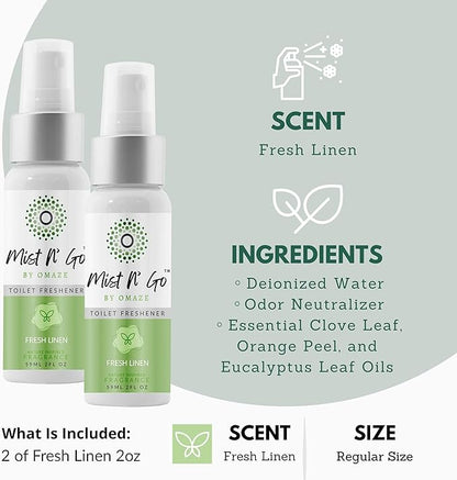 Mist N’ Go by Omaze Travel Bathroom Spray for Toilet Spray Odor Eliminator - Travel Toilet Spray for Bathroom Air Freshener Spray for Bathroom Deodorizer - Fresh Linen Regular Size (2oz x2)