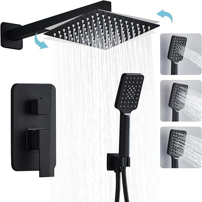 Black Shower Faucet Set, Bathroom Shower System 10 Inch Rain Shower Head and Handheld Wall Mounted, 3-Setting Handheld Shower Faucets Sets Complete with 2 Way Pressure Balance Shower Valve Kit