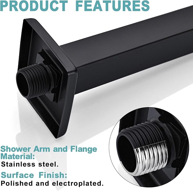 BESTILL 24 Inch Matte Black Ceiling Mount Shower Arm and Flange, Square Rain Shower Arm