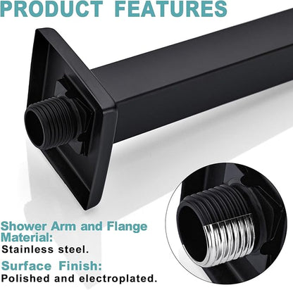 BESTILL 24 Inch Matte Black Ceiling Mount Shower Arm and Flange, Square Rain Shower Arm