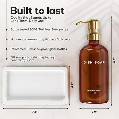 Luxury Glass Hand and Dish Soap Dispenser Set with Tray by Brighter Barns - Kitchen Soap Dispenser with Tray and Pump for Kitchen Sink - Luxury Home Decor for Airbnb, Restaurant, Hotel (Amber/Gold)