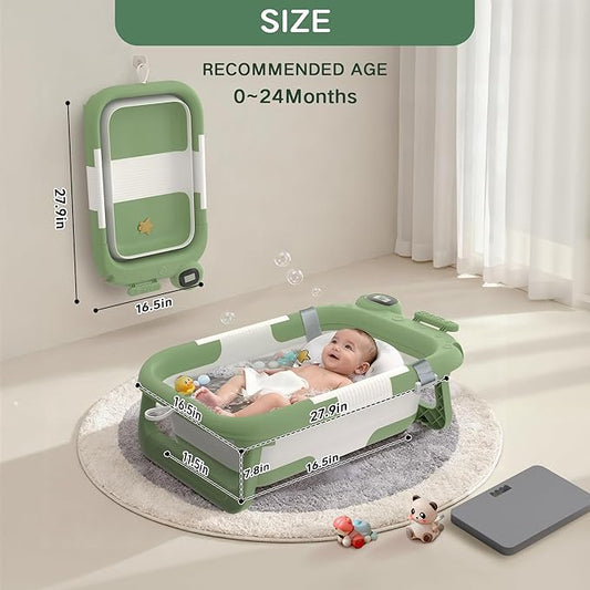 Collapsible Baby Bathtub for Newborn to Toddler (0-24 Months), Portable Baby Bath Tub for Travel, Newborn Bathtub with Soft and Supportive Cushion (Astronaut-Green)