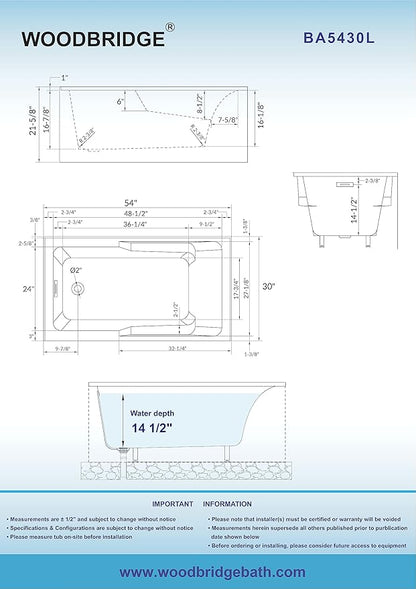 WOODBRIDGE 54" Acrylic Rectangular Alcove Soaking Bathtub in White with Left Drain, Brushed Gold pop-UP Drain Included BA5430L