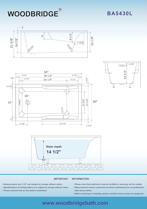 WOODBRIDGE 54" Acrylic Rectangular Alcove Soaking Bathtub in White with Left Drain, Brushed Nickel pop-UP Drain Included BA5430L