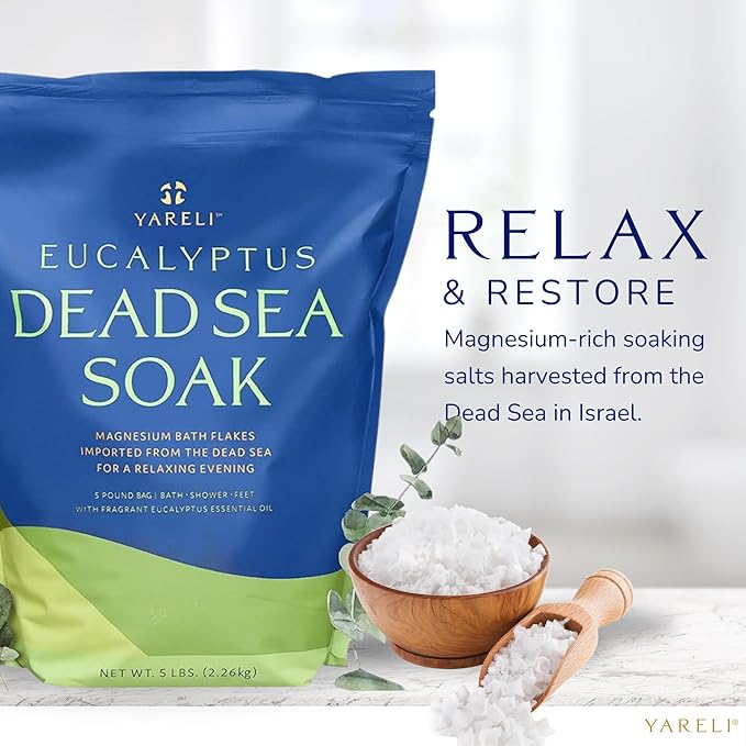 Yareli Magnesium Flakes, 5lb Eucalyptus, Dead Sea Bath and Foot Soak, Alternative to Epsom Salt with Over 250,000mg of Magnesium Chloride Per Bag