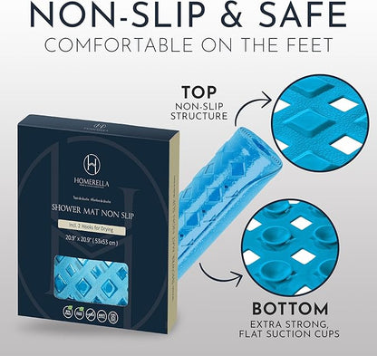 homerella® Shower Mat Non Slip Anti Mold, Non Slip Shower Mats for Inside Shower Stall Anti Slip Mat, Square Shower Floor Mat 21 x 21 in with Suction Cups & Hooks for Quick Drying, Machine Washable